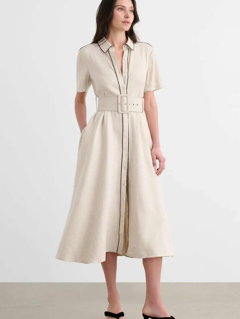 Toccin Jean Linen-Blend Belted A-Line Midi Shirtdress